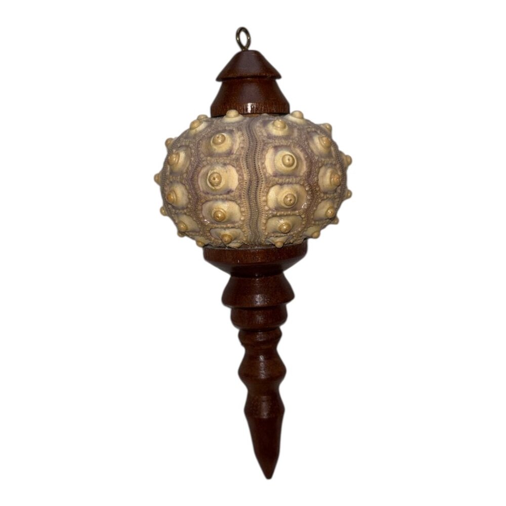 Handcrafted Ornament Turned Wood Black Walnut and Sea Urchin Shell OOAK